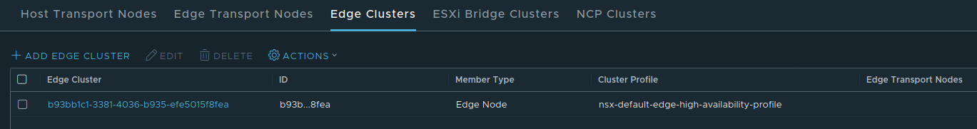 Screenshot of Edge Cluster in NSX-T