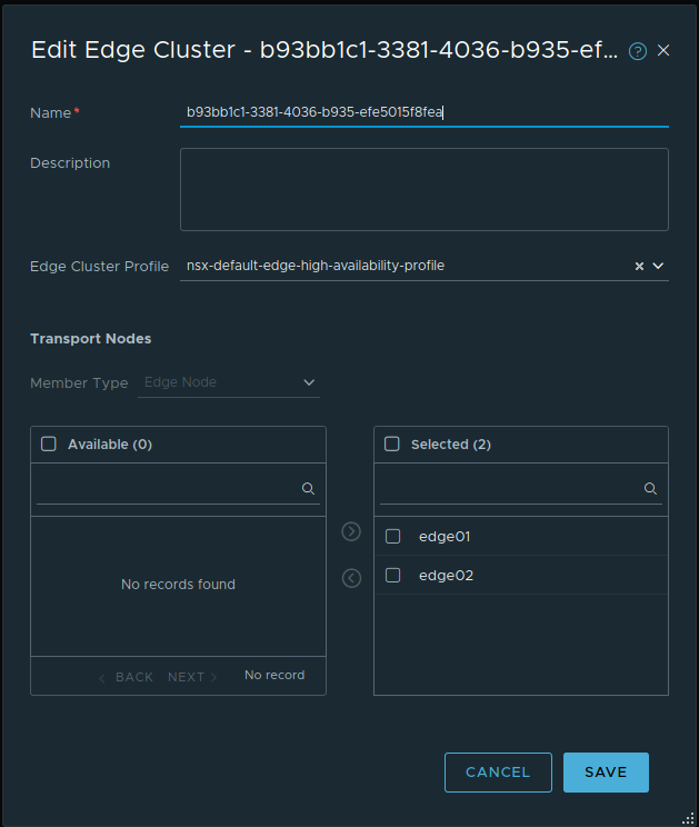 Screenshot of Edge Cluster configuration in NSX-T