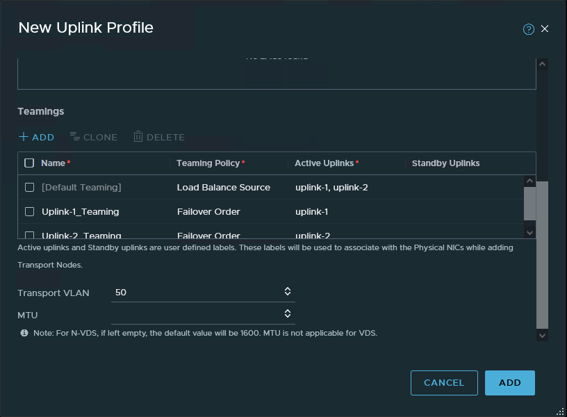 Screenshot of single N-VDS uplink profile in NSX-T
