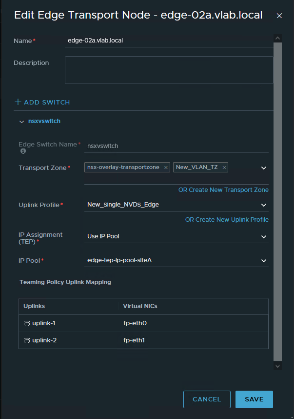 Screenshot of edit window of Edge Transport Node in NSX-T