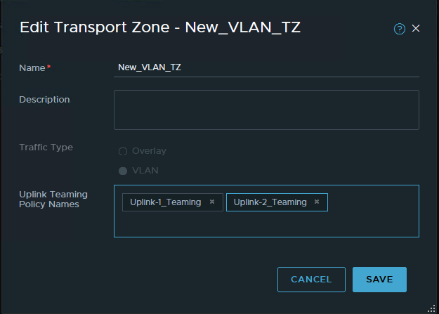Screenshot of Transport Zone profile with named teaming policies in NSX-T
